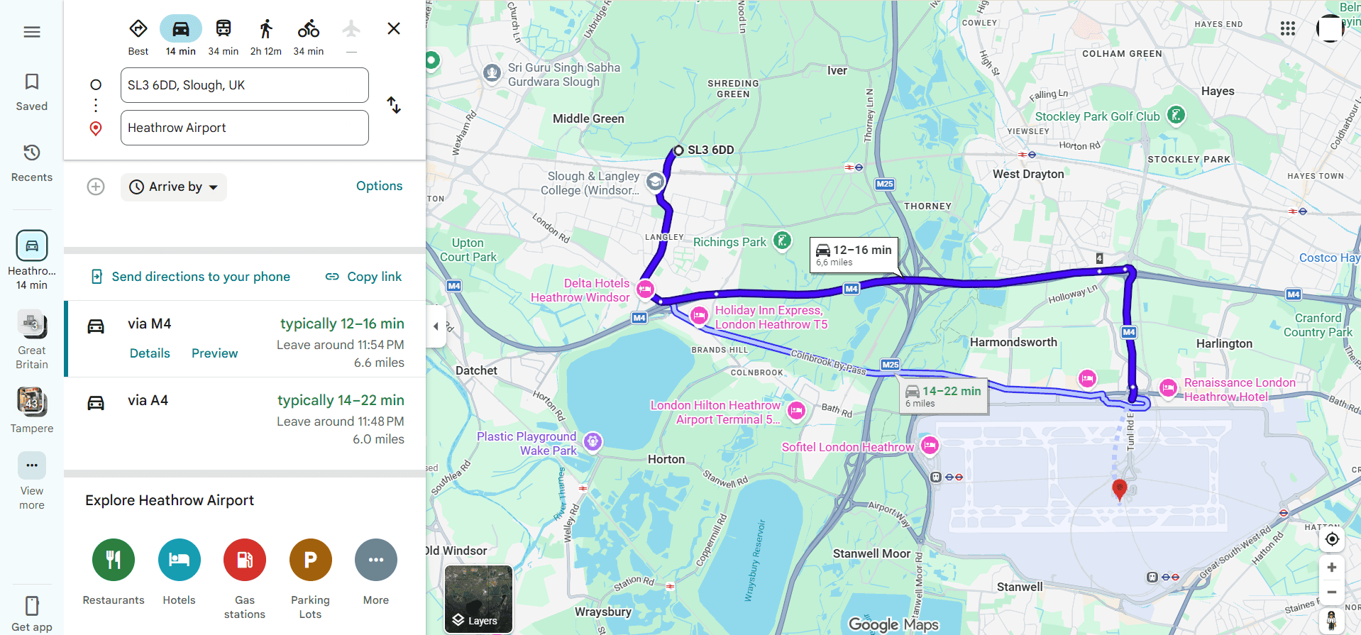 Heathrow parking location map — secure Park & Ride and Meet & Greet facility in Slough (SL3 6DD), 5 to 7 minutes from Heathrow terminals T2, T3, T4 and T5